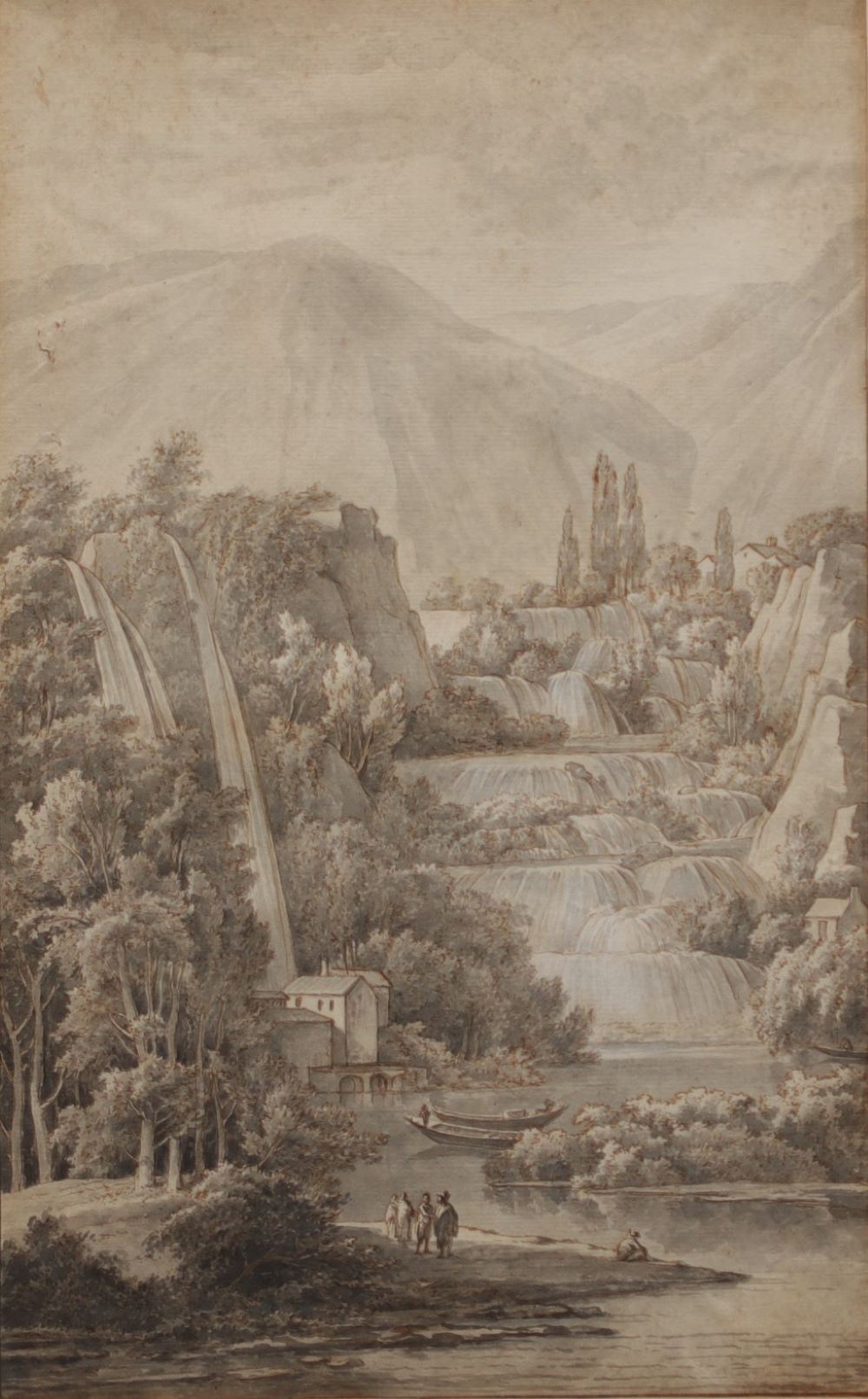 "Paysage de cascades en montagne" Black ink wash on paper 18th-19th century.