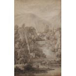 "Paysage de cascades en montagne" Black ink wash on paper 18th-19th century.