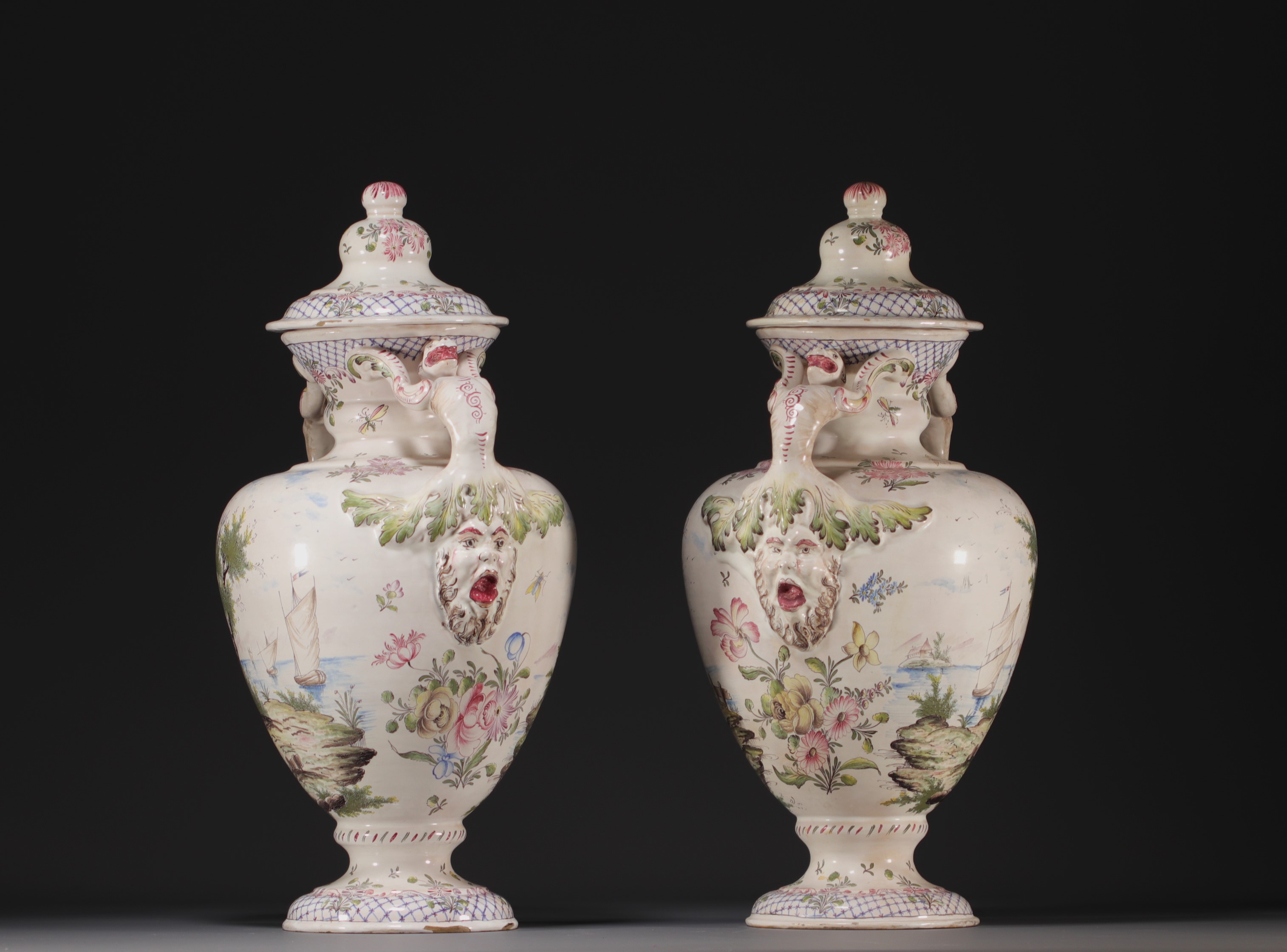 Pair of covered vases in Marseille earthenware, marked JR for Joseph ROBERT(?). - Image 2 of 4