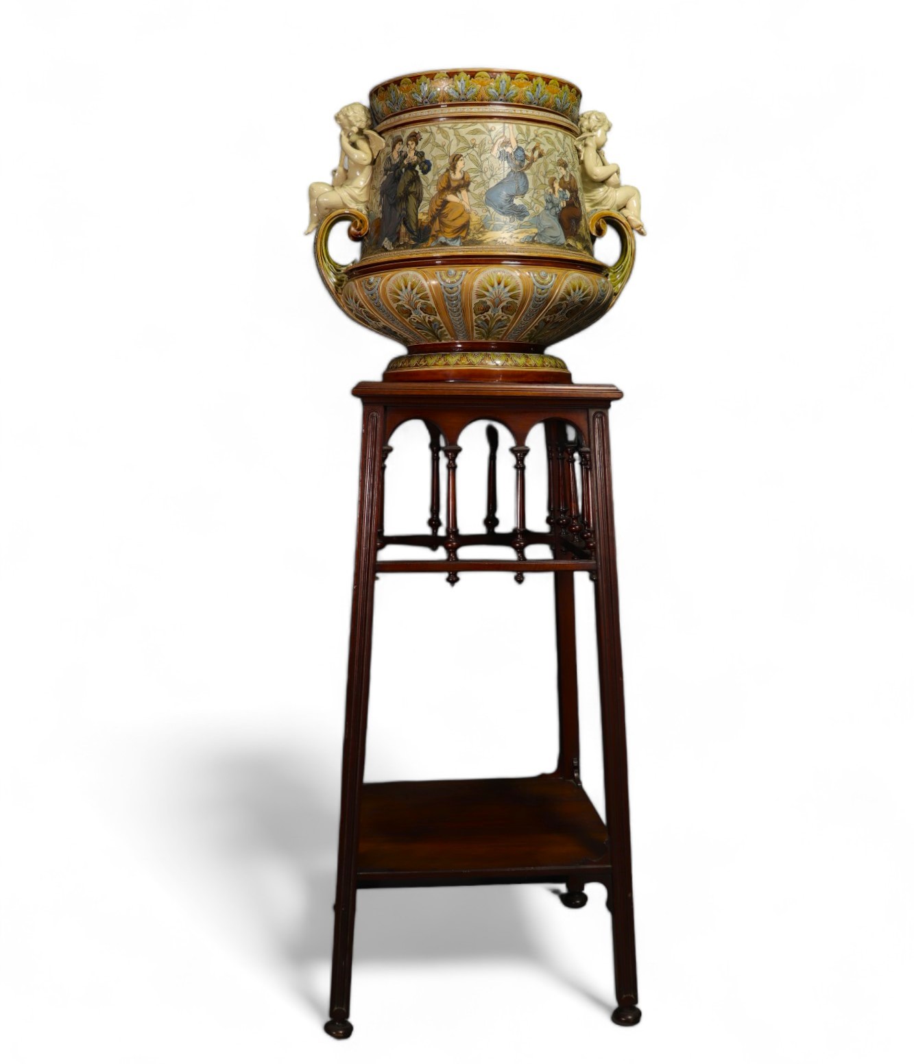 Villeroy & Boch Mettlach - Imposing and rare ceramic planter with figures on a mahogany saddle. Circ - Image 5 of 10