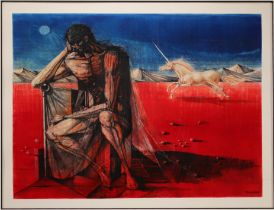 TOUSSAIN - "Penseur a la Licorne" Mixed technique on red and blue background, circa 1980.