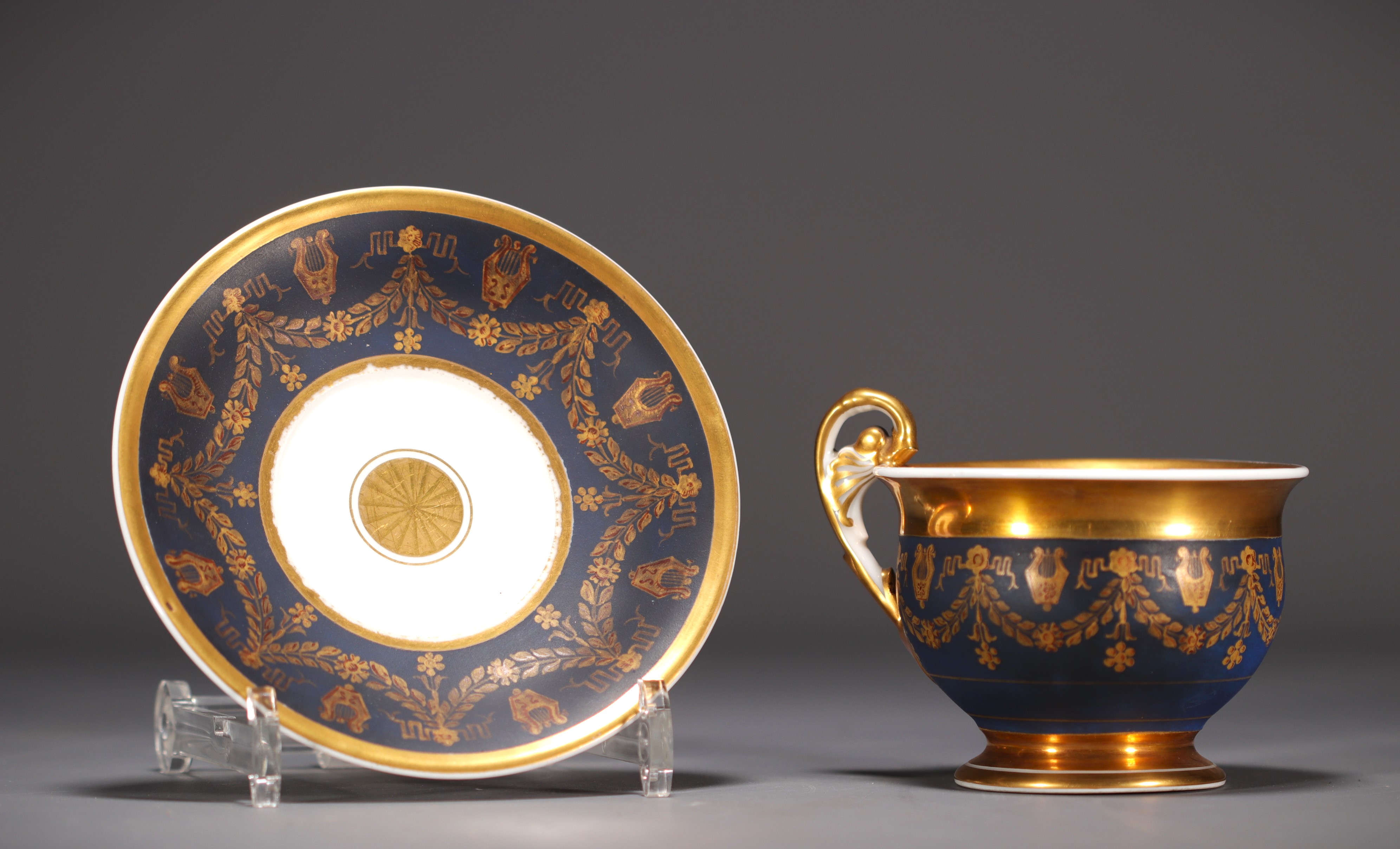 Blue and gold porcelain chocolate cup and saucer, Empire, 19th century. - Image 4 of 4