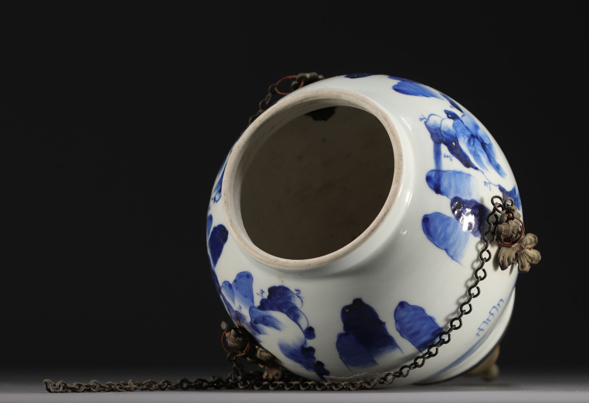 China - Blue and white porcelain vase with landscape design, mounted in a "lantern" shape. - Image 4 of 4