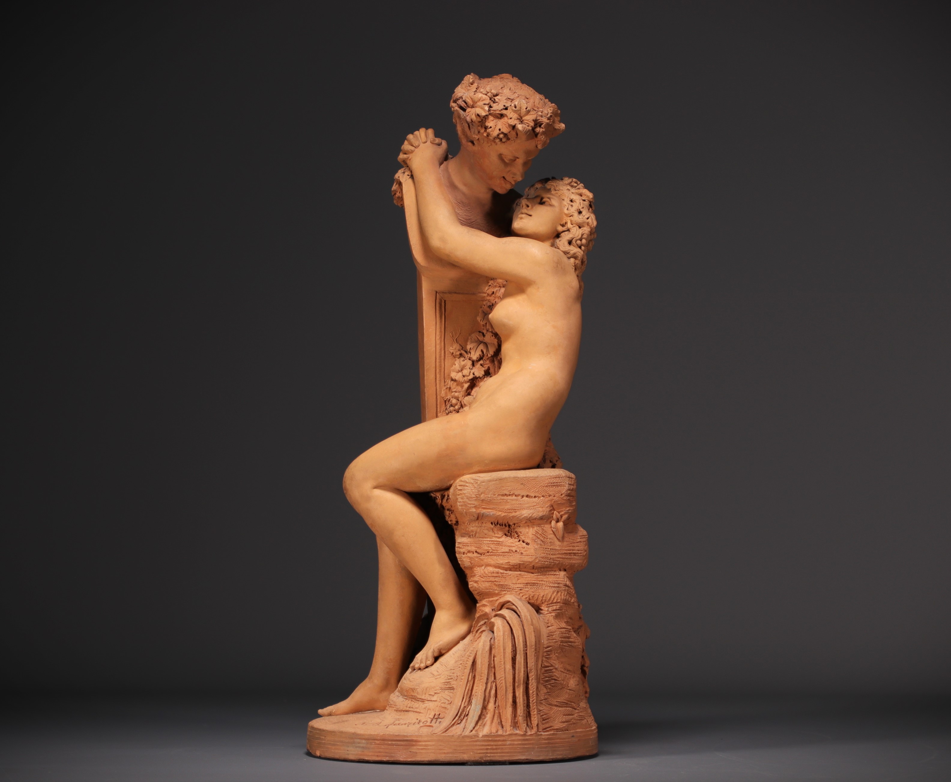 Antonio Giovanni LANZIROTTI (1839-1921) "Satyr and Bacchante" 19th century terracotta, signed.