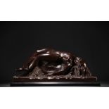 Johan DE MAEGT (1906-1987) "Reclining nude woman" Imposing sculpture in bronze with brown patina on 