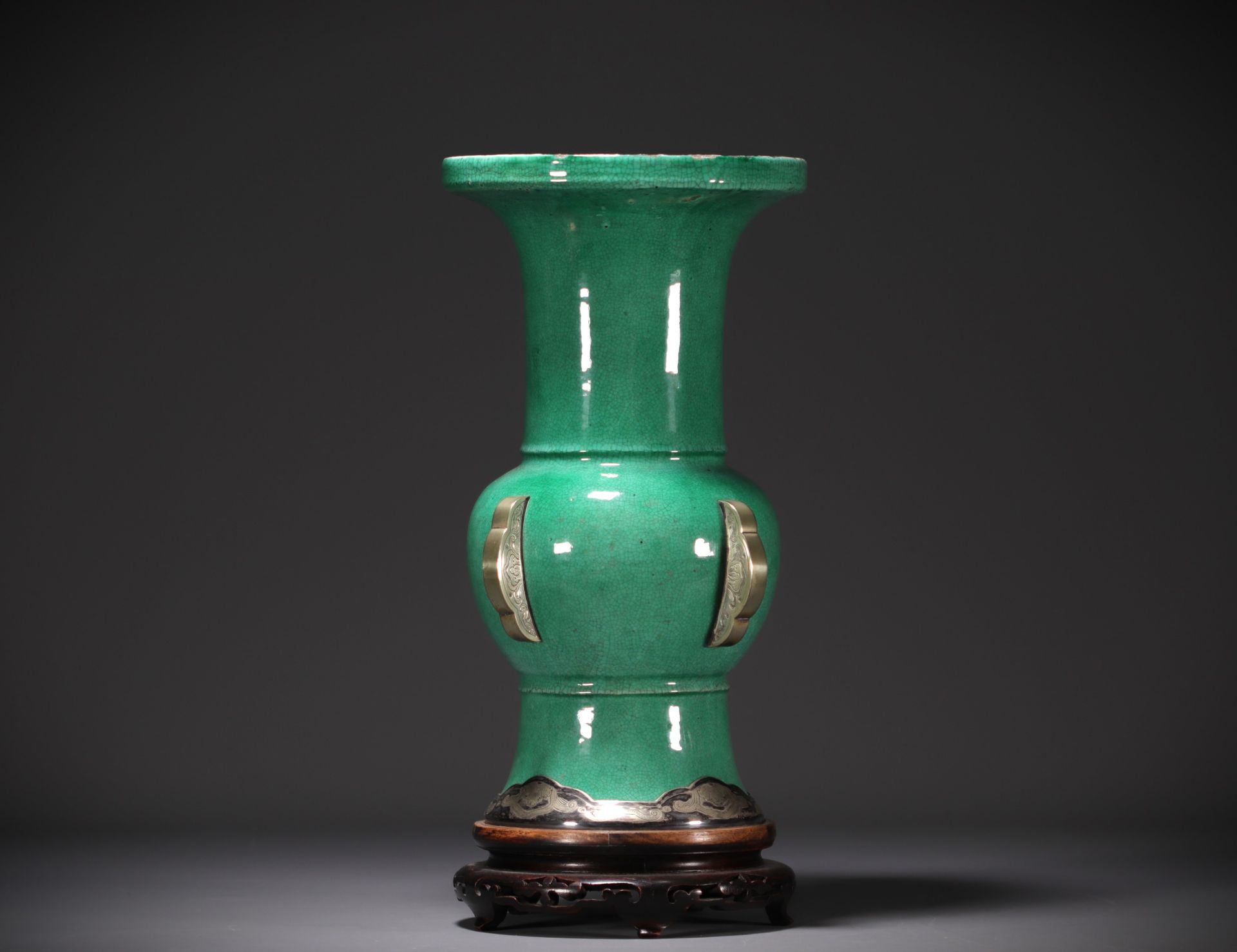 China - Large green monochrome porcelain vase, silver mounting.