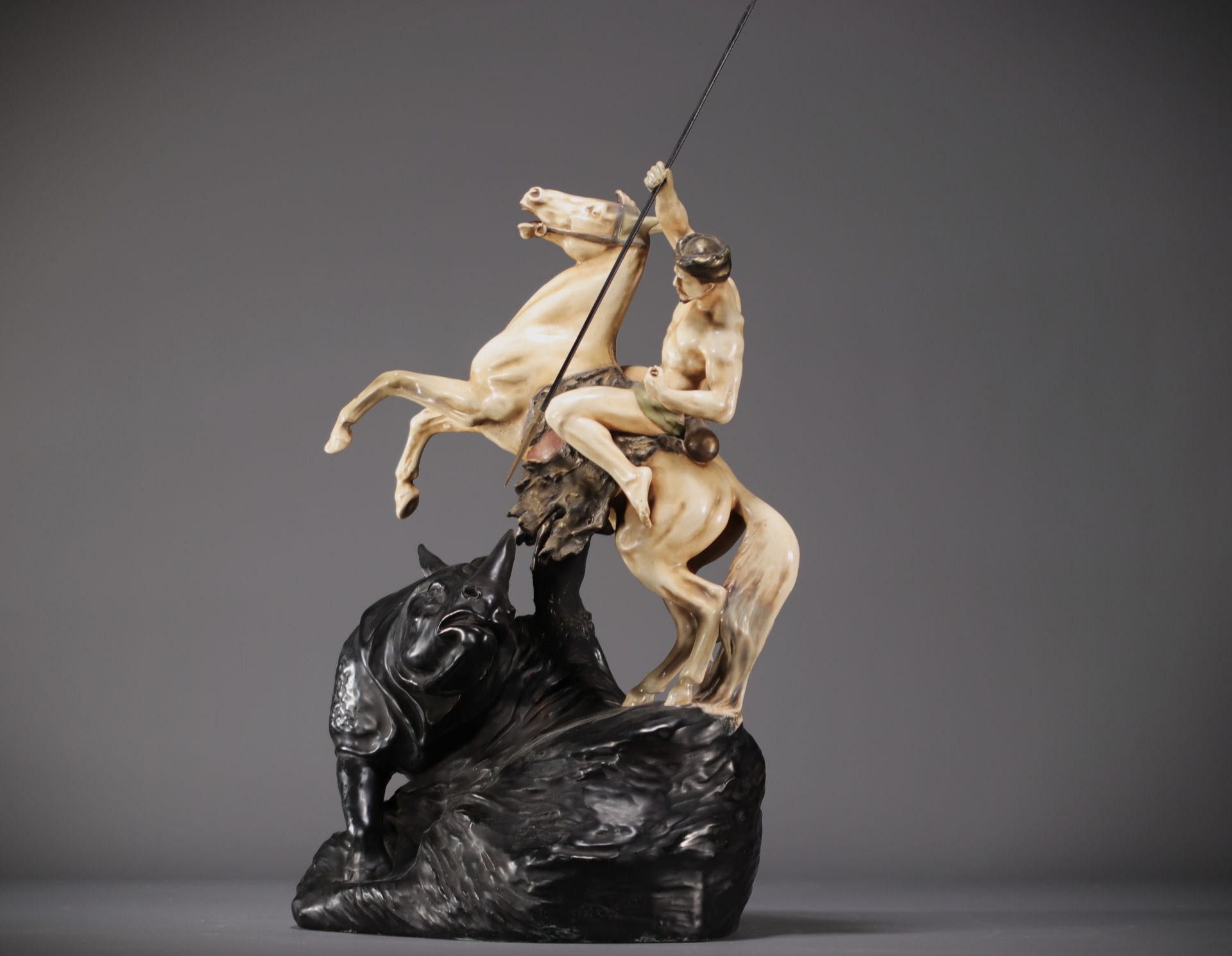 Eduard STELLMACHER (1868-1945) "Rhinoceros Hunt" Ceramic sculpture for the Teplitz factory - Bild 2 aus 7