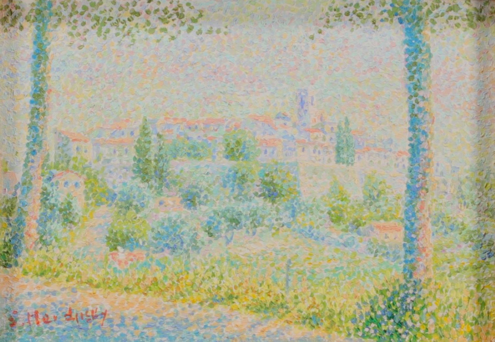 Serge MENDJISKY (1929-2017) "Vue de Provence" Oil on pointillist canvas.