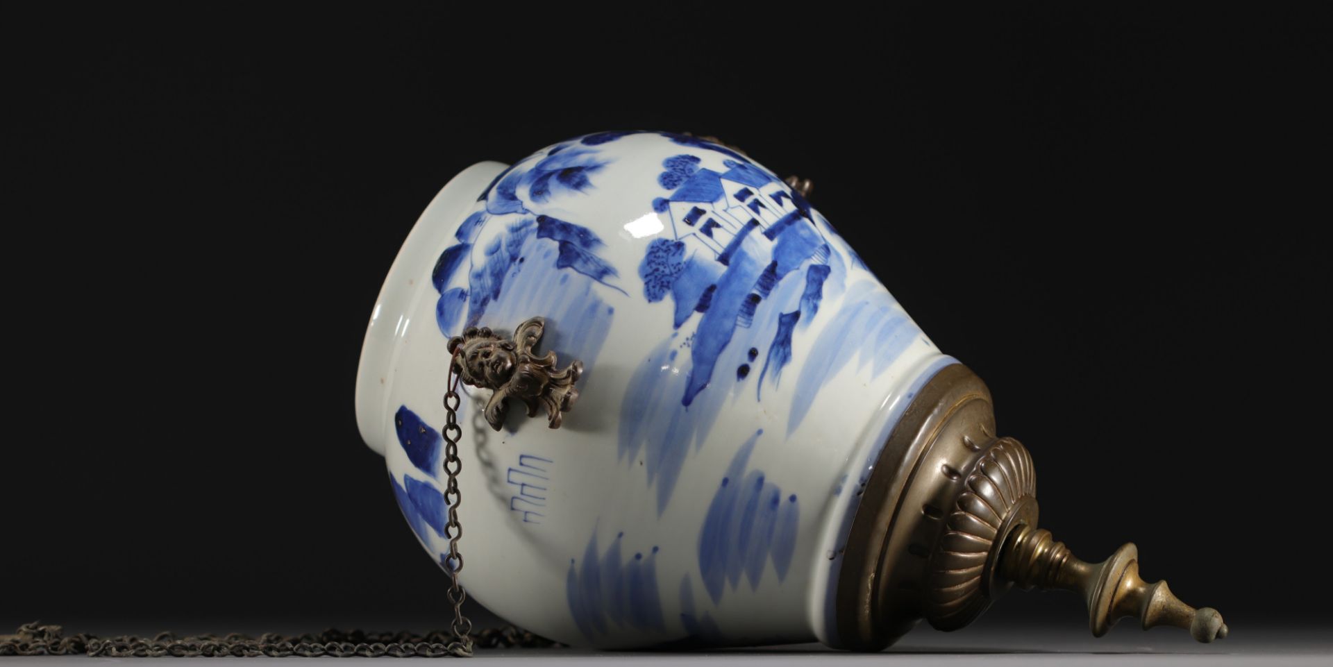 China - Blue and white porcelain vase with landscape design, mounted in a "lantern" shape. - Image 3 of 4