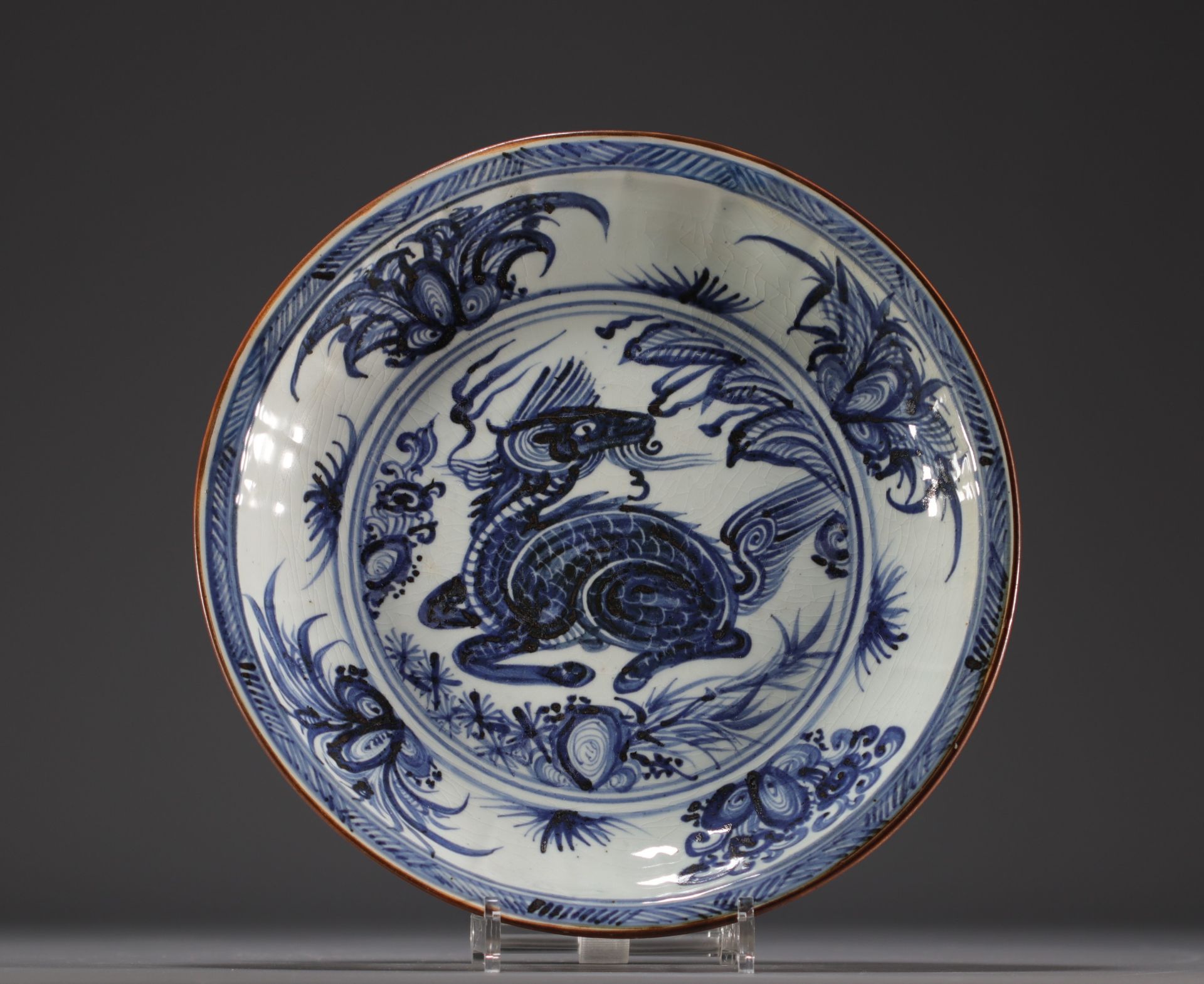 China - Rare blue-white porcelain plate with goat design, Ming period.