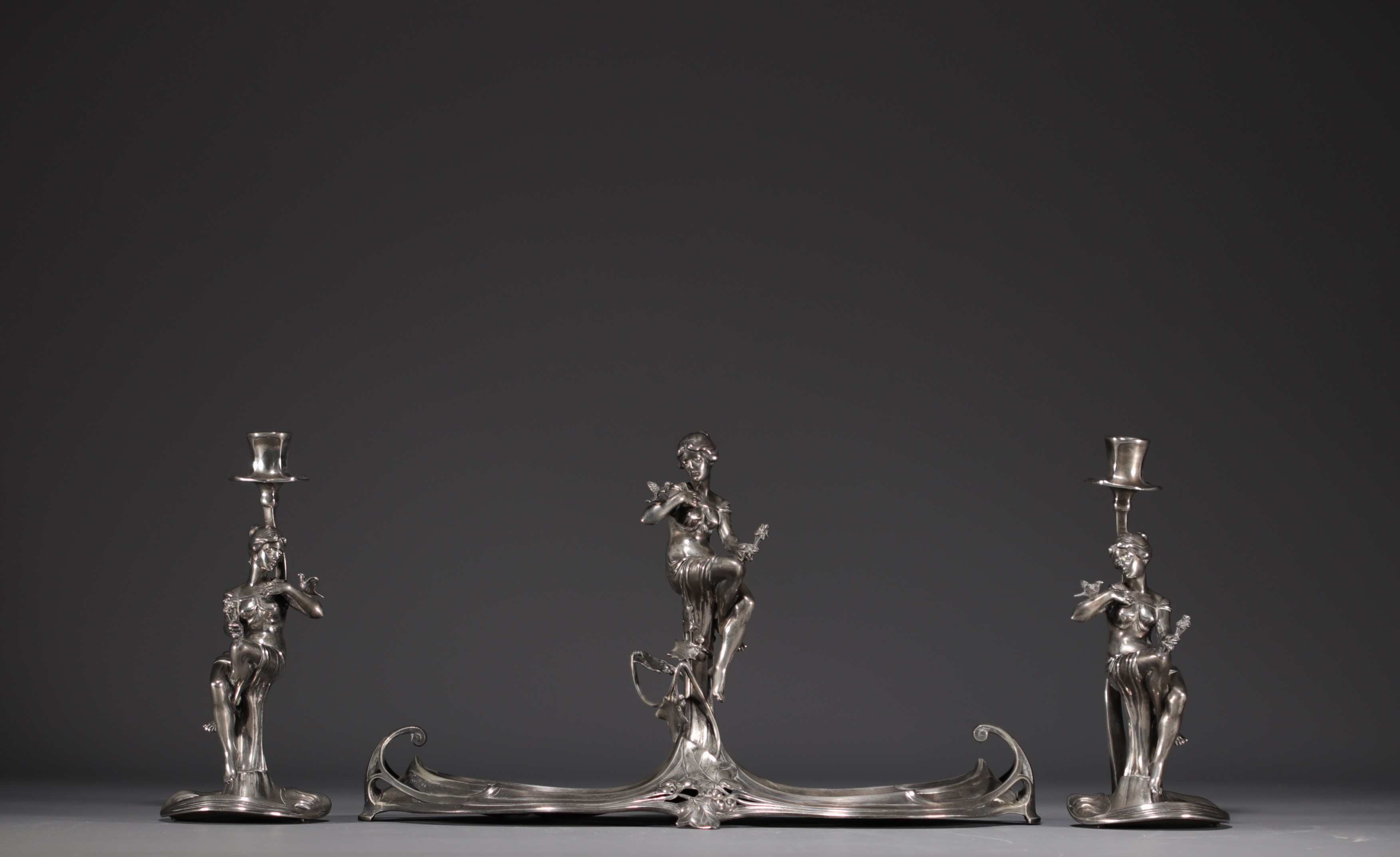 WMF - "Flower Women" Art Nouveau silver-plated three-piece set, hallmarked WMF.