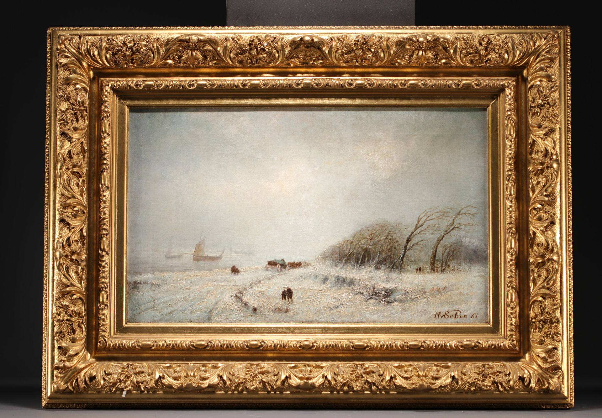 Henri VAN SEBEN (1825-1913) "Storm in Winter" Oil on canvas - Image 2 of 2