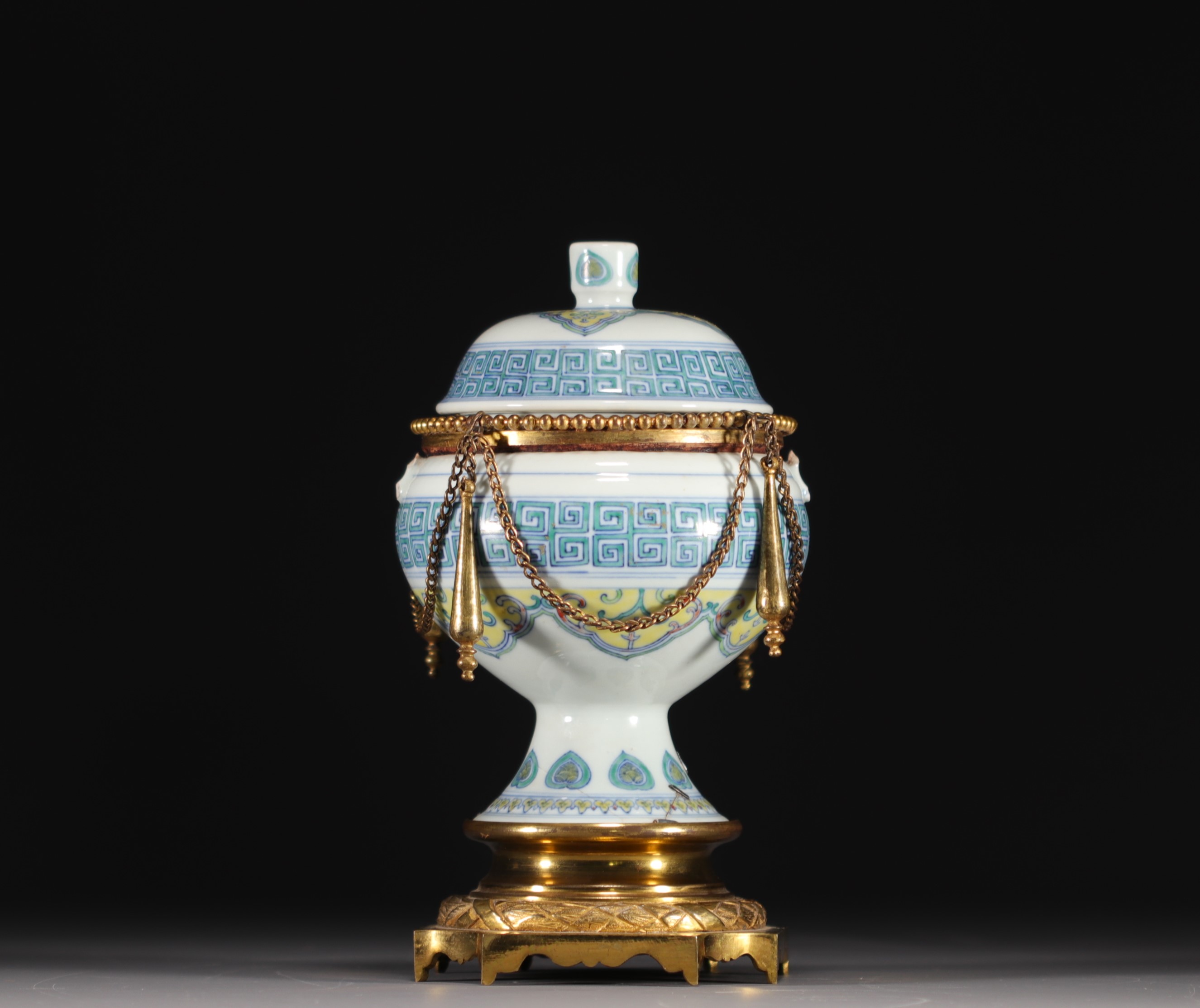 China - Ducai porcelain "Dou" covered vase, bronze mounting, Qianlong mark.