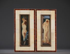 "Young Odalisques" Pair of miniature paintings, signed.