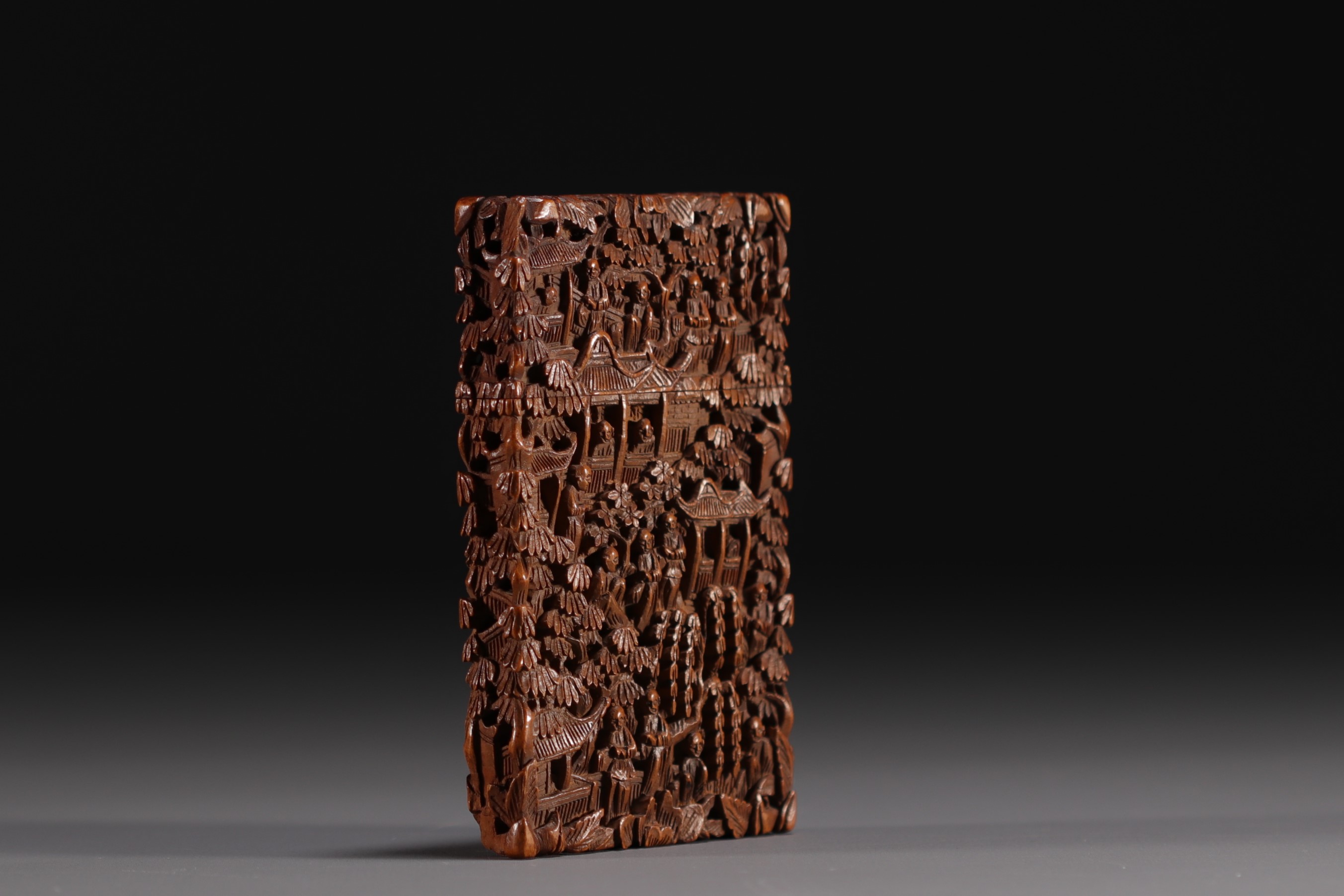 China - Wooden card box carved with characters, Canton, 19th century. - Image 2 of 4