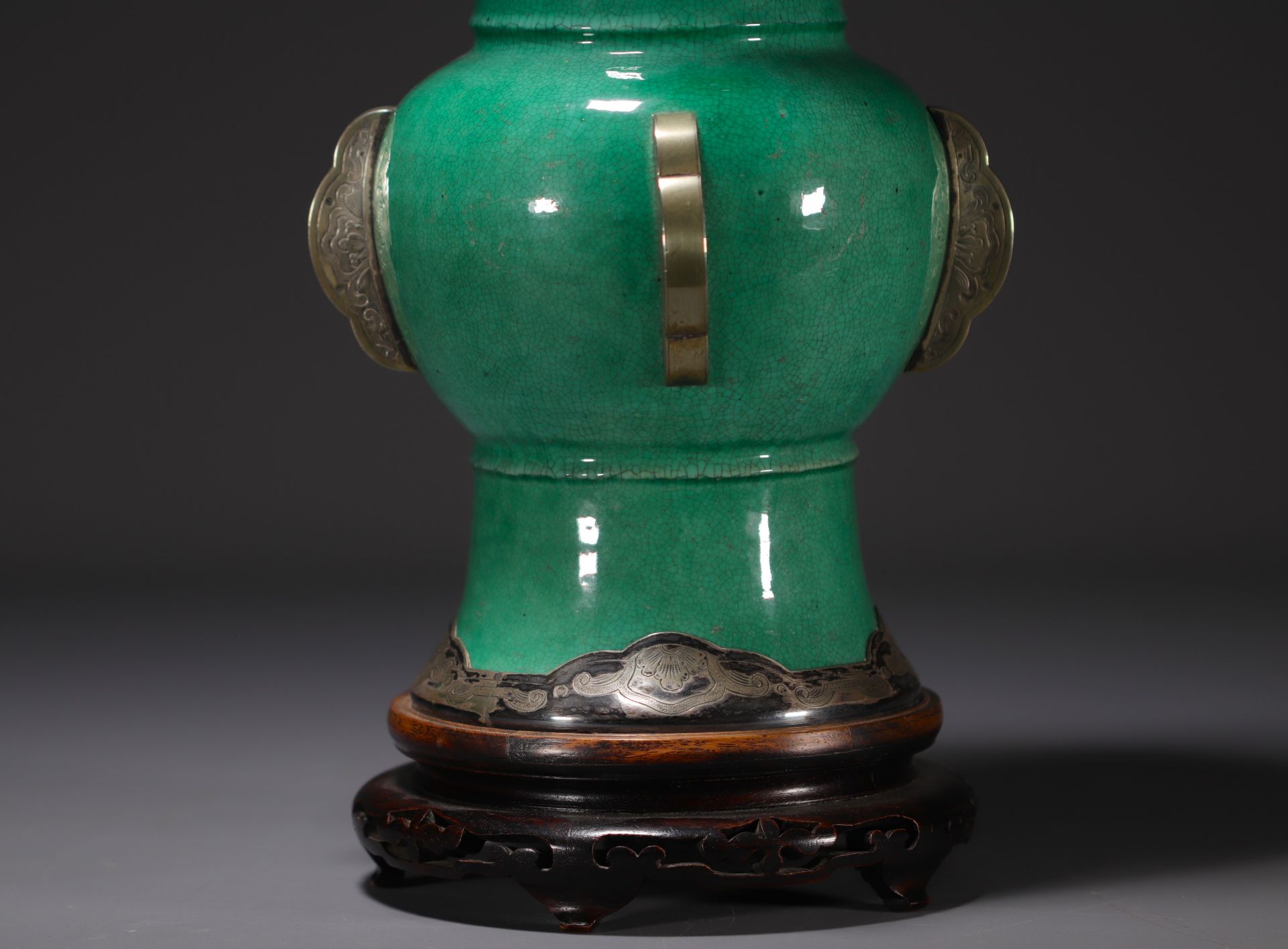 China - Large green monochrome porcelain vase, silver mounting. - Image 5 of 5