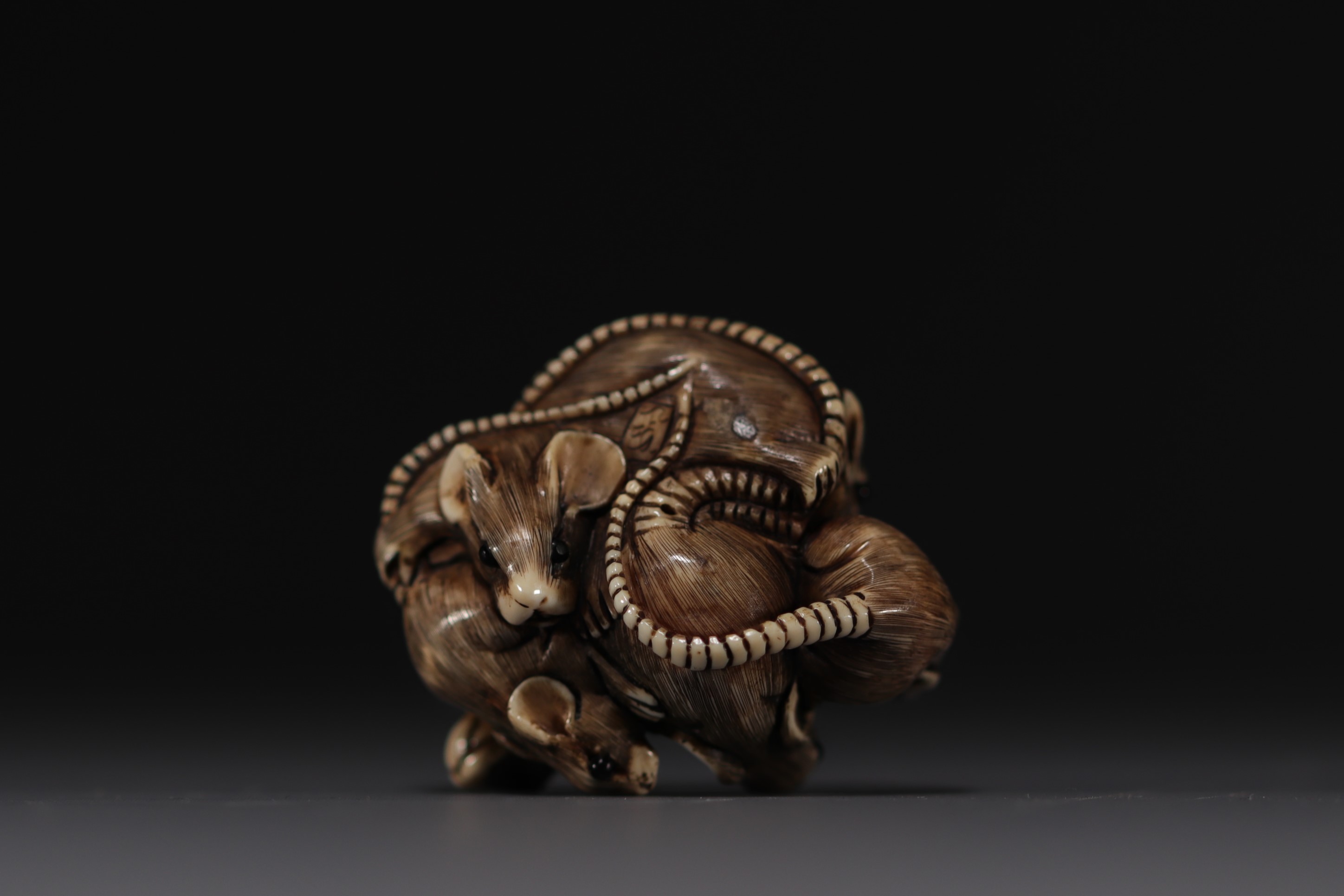 Japan - Ivory and black coral netsuke representing a group of six rats, Meiji. Signed. - Image 9 of 9