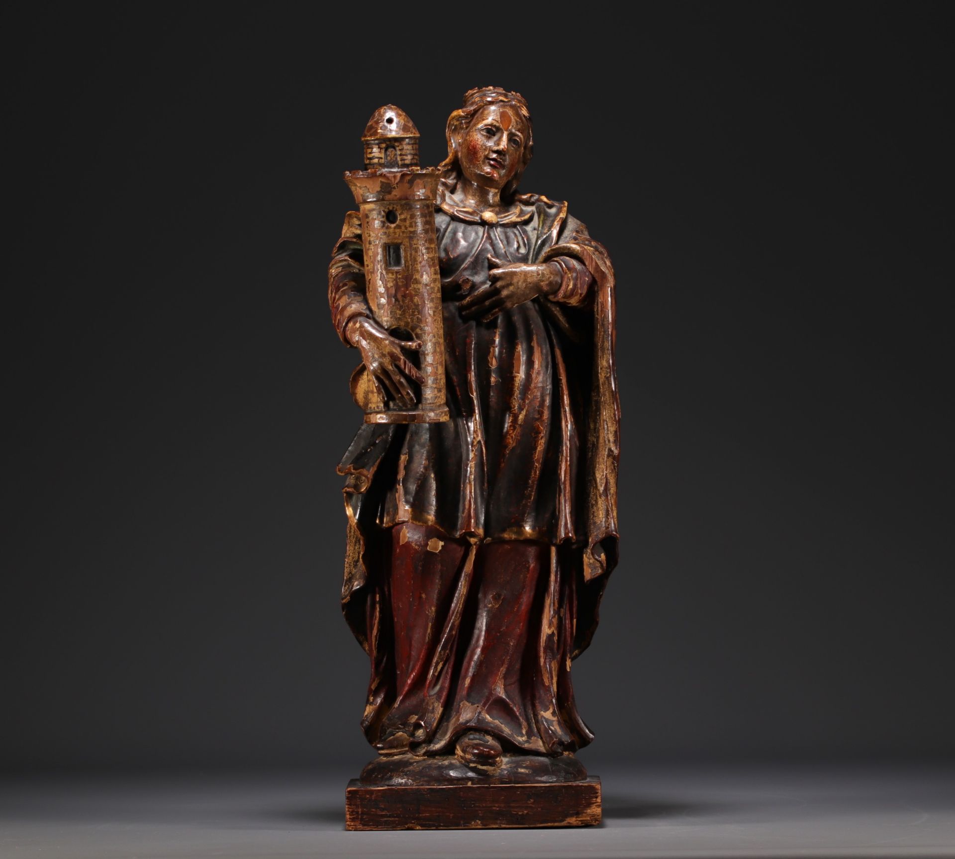 Statue de Sainte-Barbe - polychrome wooden sculpture from 18th century.