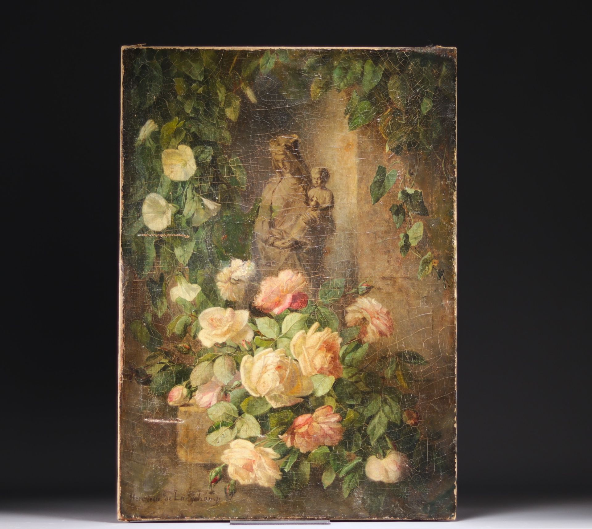Henriette de LONGCHAMP (1818-?) - "Still life with flowers and a saint" Oil on canvas, 19th century.
