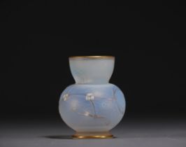 DAUM Nancy - Small acid-etched and enamelled glass vase with mistletoe design, signed under the piec