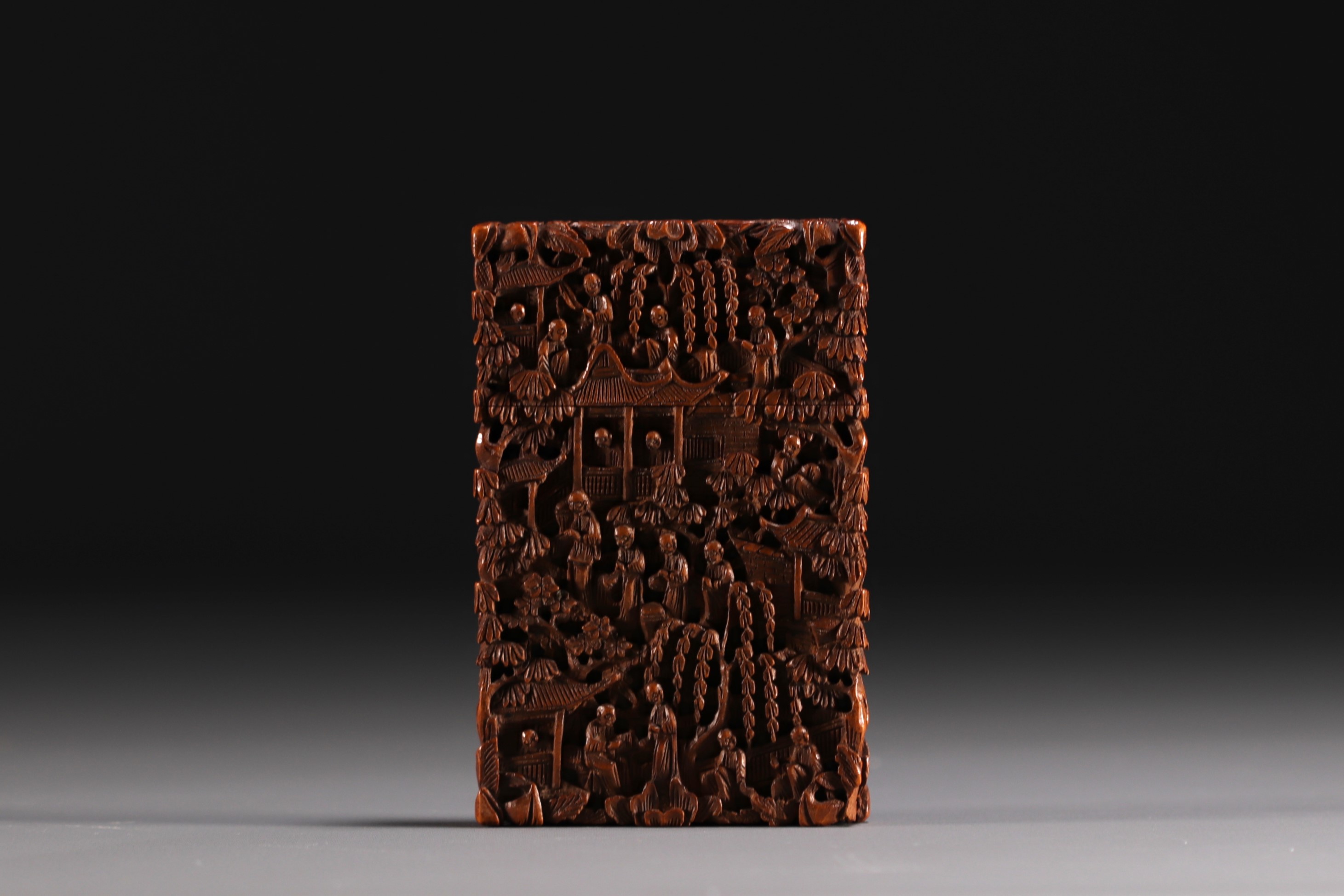 China - Wooden card box carved with characters, Canton, 19th century. - Image 3 of 4
