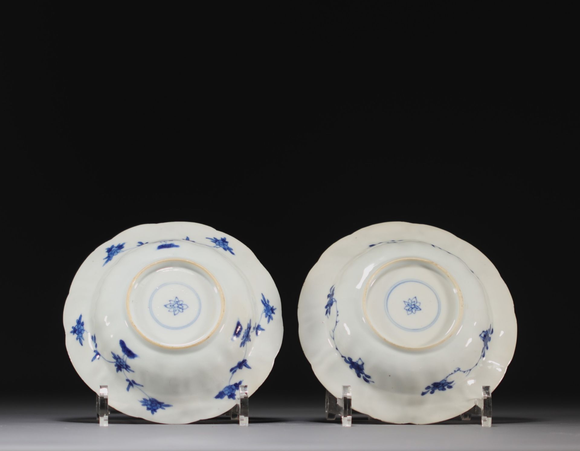 China - A pair of blue-white porcelain plates with floral decoration, Kangxi period. - Image 2 of 3