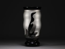 ArtVer - Glasfabriek in Boom, acid-etched vase decorated with penguins, Art Deco period.