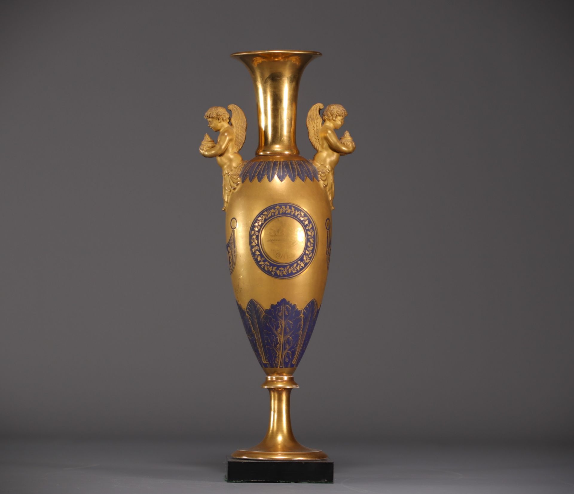 A rare royal blue and gold porcelain Empire baluster vase, first half of the 19th century.