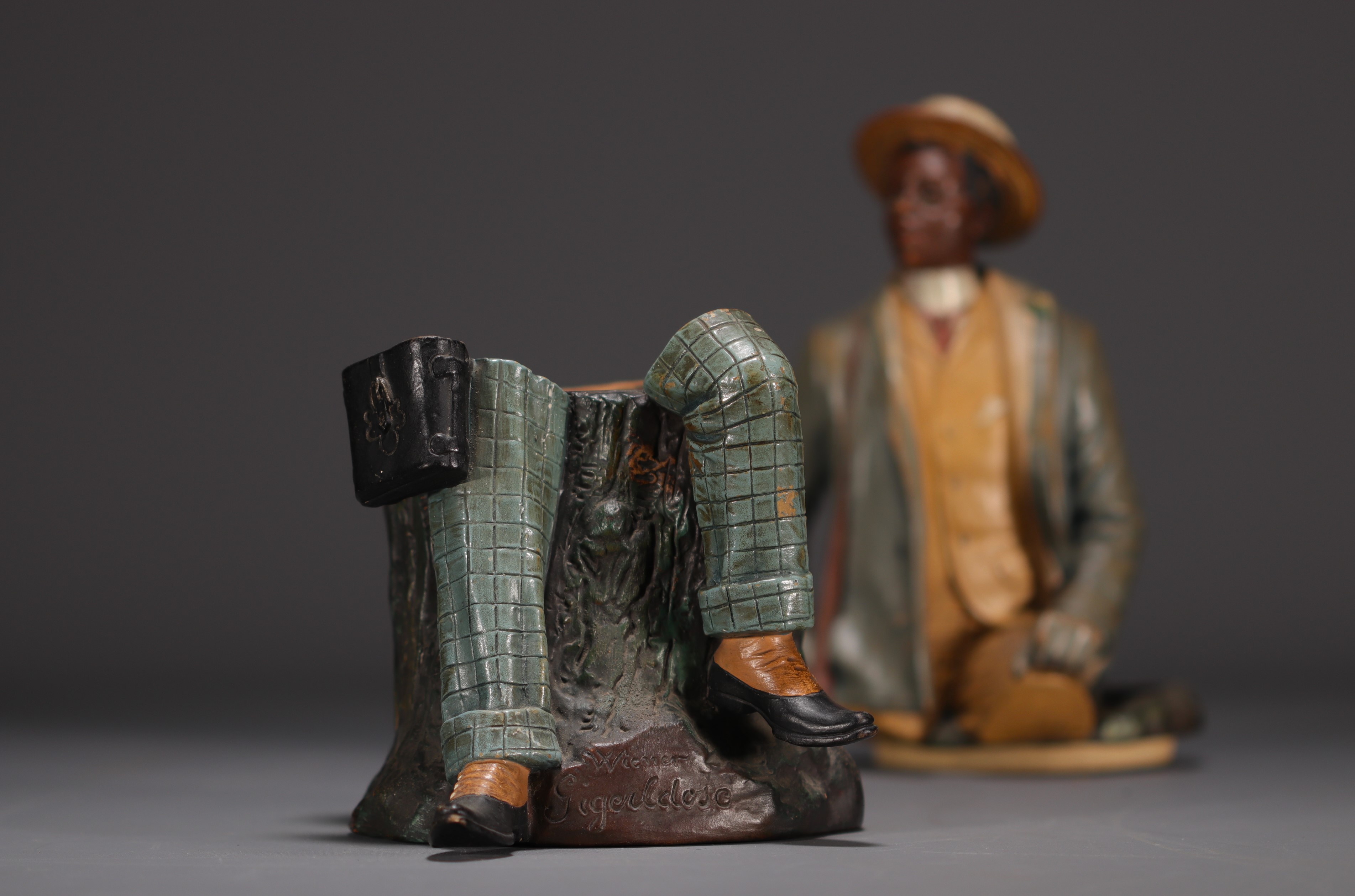 Bernard BLOCH (1836-1909) "African dandy with monocle" Polychrome terracotta tobacco pot. - Image 5 of 5
