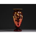 Le Verre Francais - Acid-etched multi-layered glass vase with oak decor, signed on the base.