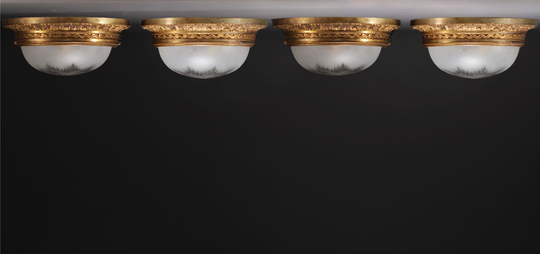 Set of four ormolu ceiling lights and cut crystal bowls.