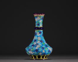 Longwy - Napoleon III earthenware and enamel vase with flowers on an azure blue background, 19th cen