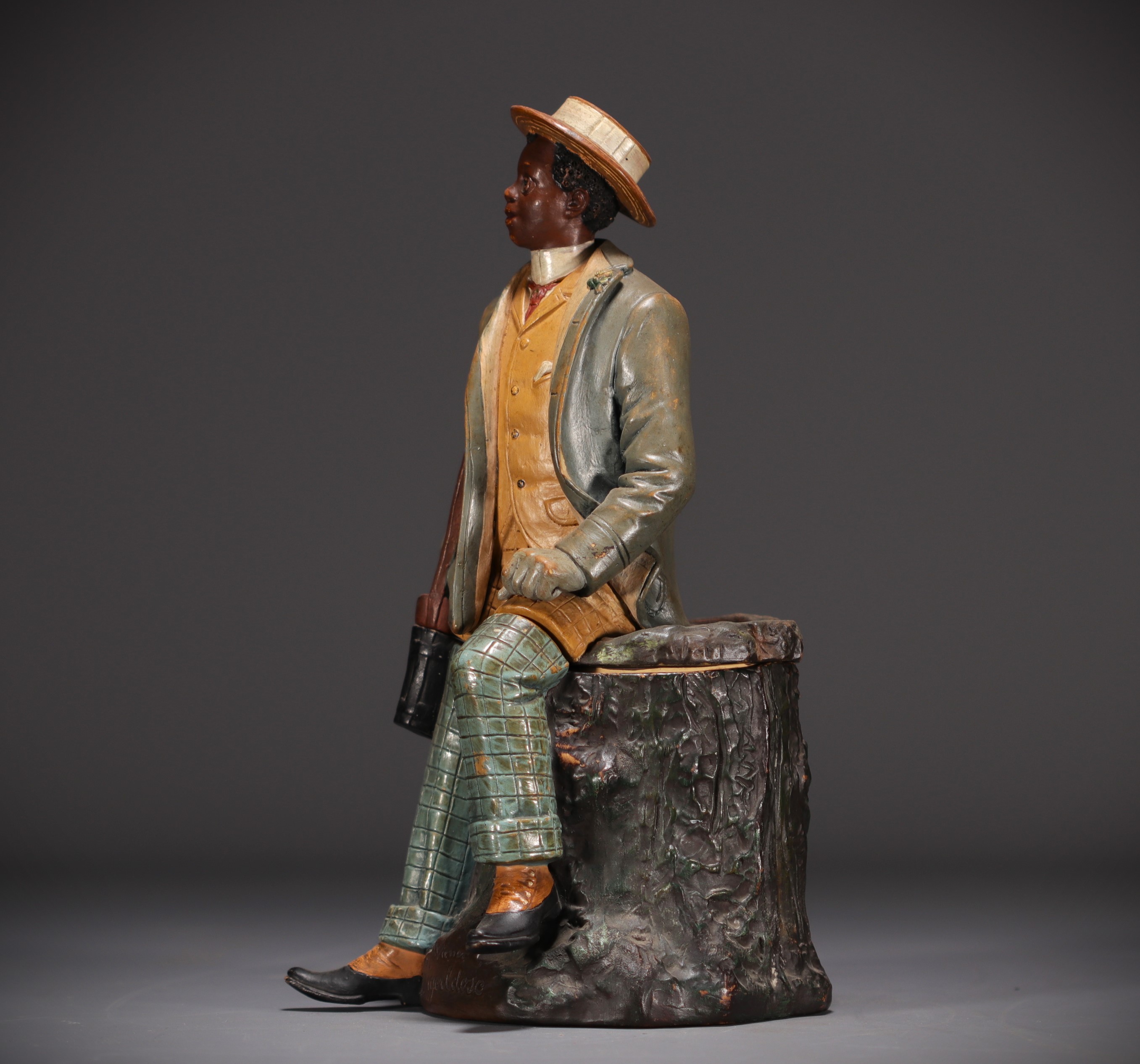 Bernard BLOCH (1836-1909) "African dandy with monocle" Polychrome terracotta tobacco pot. - Image 3 of 5