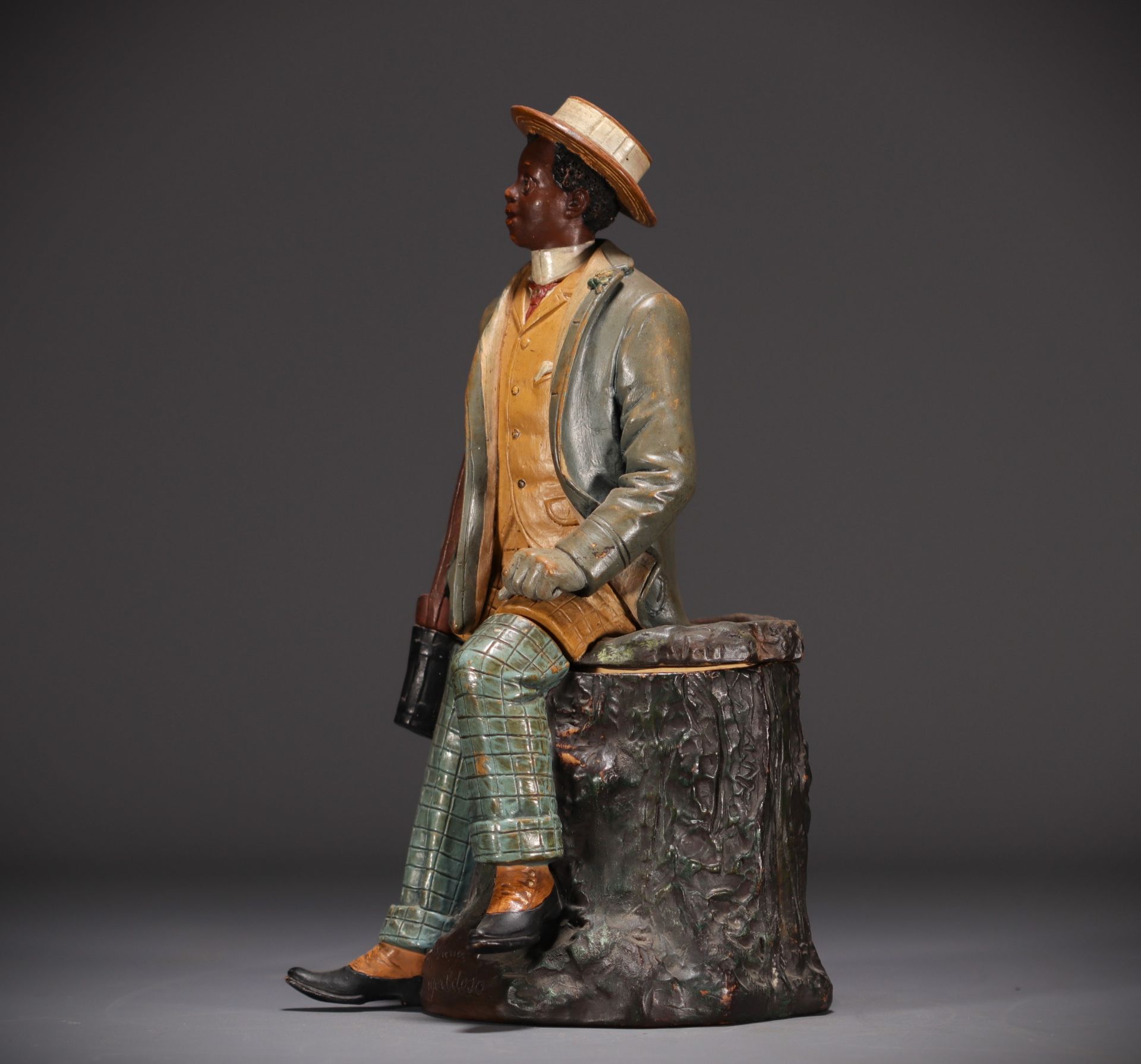 Bernard BLOCH (1836-1909) "African dandy with monocle" Polychrome terracotta tobacco pot. - Bild 3 aus 5