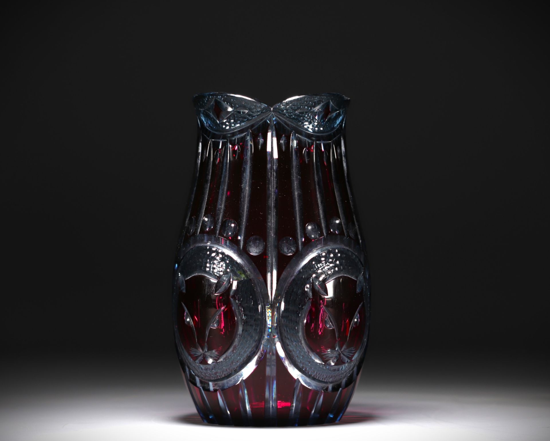 Val Saint Lambert - Rare Art Deco vase decorated with a cat's head in red with blue lining. - Bild 3 aus 4