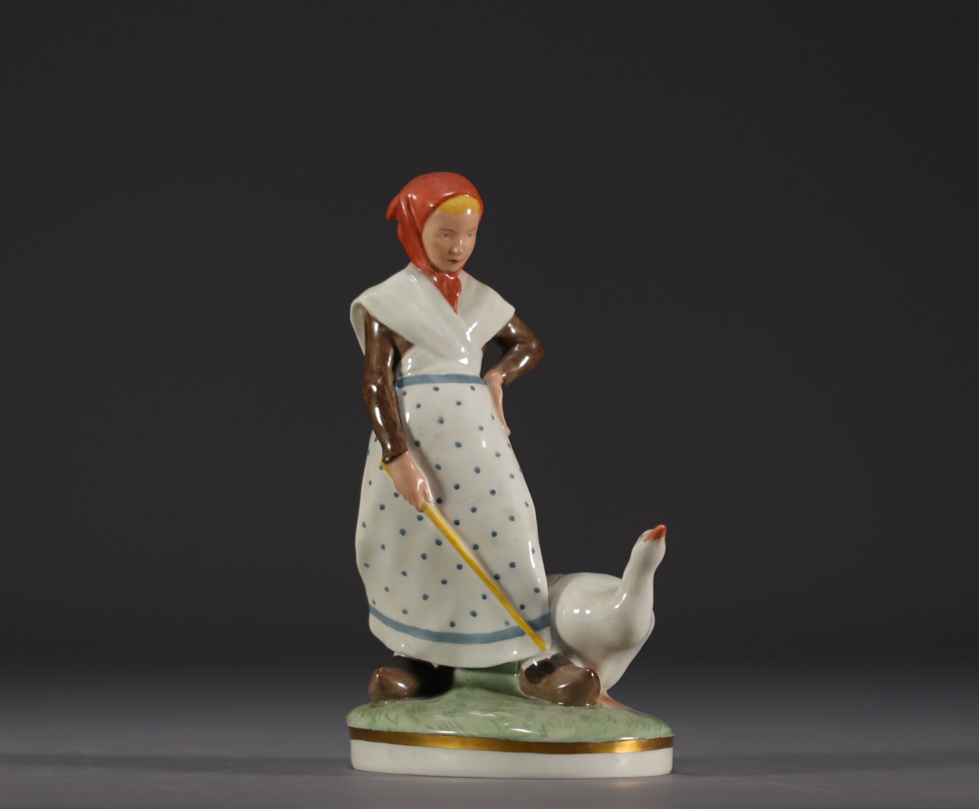 Christian THOMSEN for Royal Copenhagen "Young girl and her goose" in enamelled porcelain, mark under