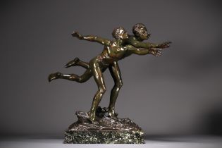 Edouard DROUOT (1859-1945) "La course" Bronze with green and brown shaded patina, on a marble base,
