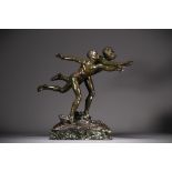 Edouard DROUOT (1859-1945) "La course" Bronze with green and brown shaded patina, on a marble base, 