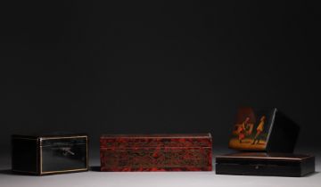 Set of four marquetry and lacquer boxes including a glove box stamped Tahan F. du Roi in Paris.