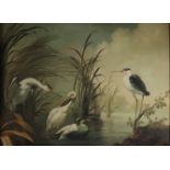 "Cranes, Heron and Ducks on the Pond" Large oil on canvas, illegible signature.