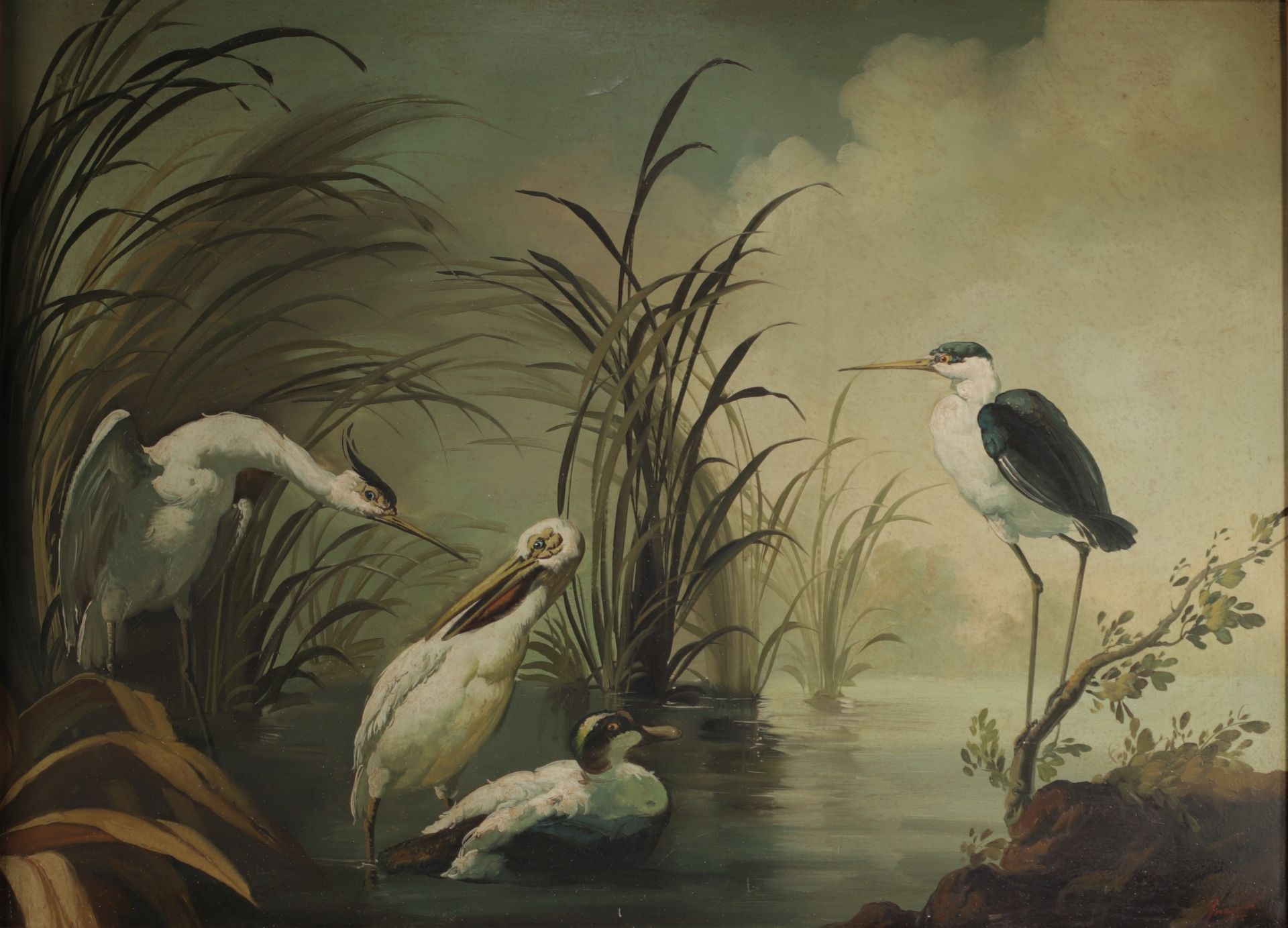 "Cranes, Heron and Ducks on the Pond" Large oil on canvas, illegible signature.