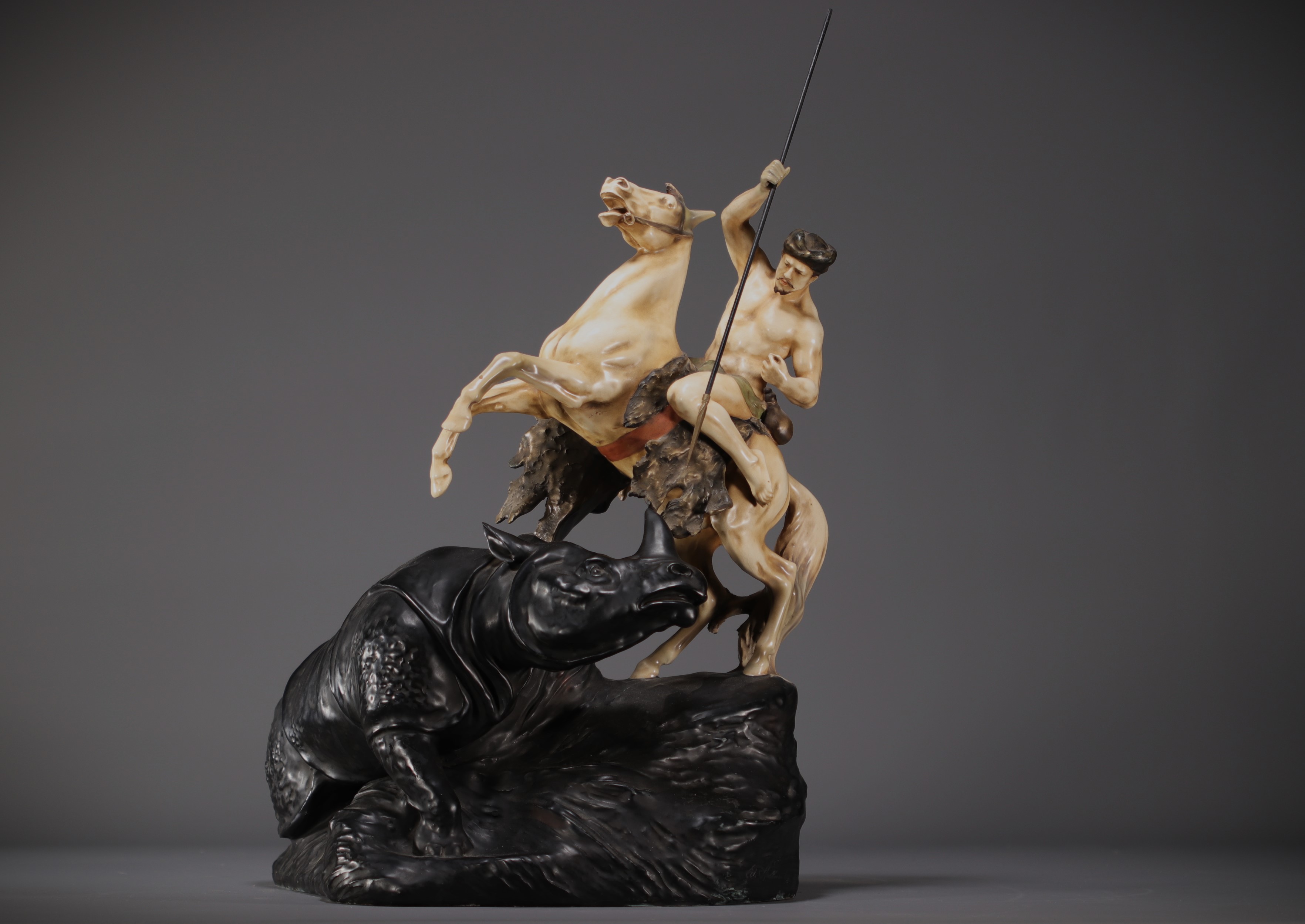 Eduard STELLMACHER (1868-1945) "Rhinoceros Hunt" Ceramic sculpture for the Teplitz factory