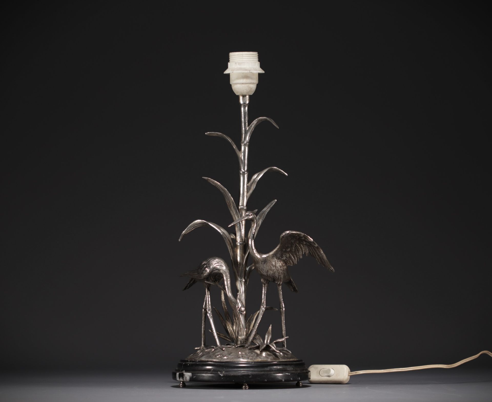 Silver-plated metal desk lamp with ibis, signed Figudo, France, Art Nouveau period.