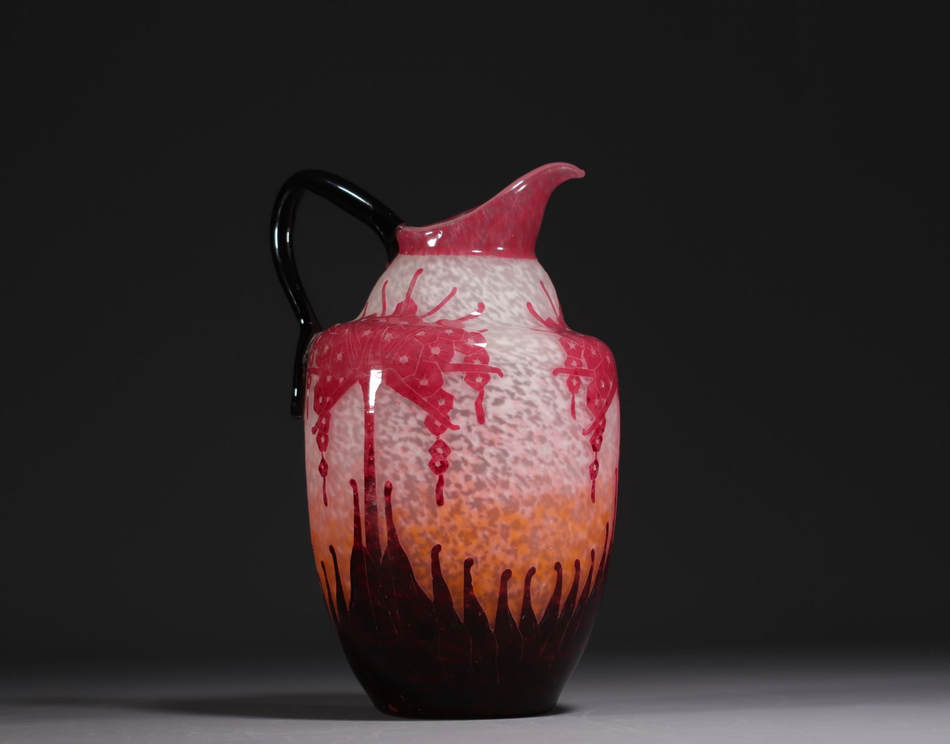 CHARDER - Multi-layered acid-etched glass jug decorated with rhododendrons, signed in the decoration