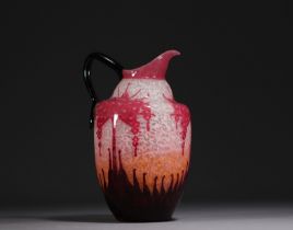 CHARDER - Multi-layered acid-etched glass jug decorated with rhododendrons, signed in the decoration