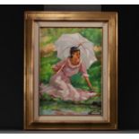 Ellen DE TOMBAY (1918-1998) "The lady with the umbrella" Oil on canvas