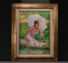 Ellen DE TOMBAY (1918-1998) "The lady with the umbrella" Oil on canvas