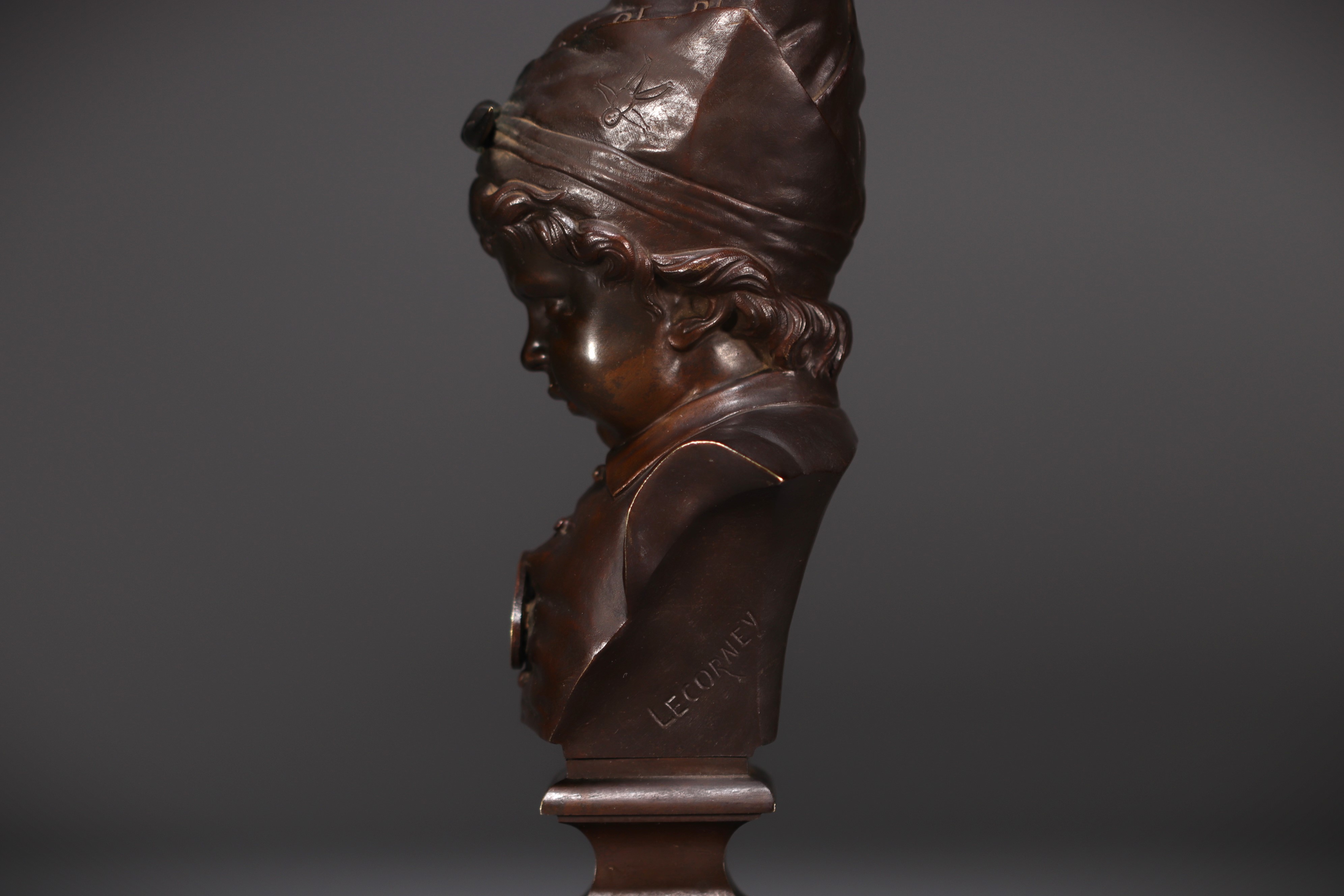 Nicolas LECORNET known as "Lecorney" (1825-1884) "En penitence", child with dunce cap, bronze bust w - Image 5 of 5