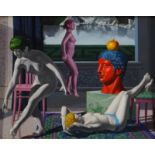 Giuseppe MALLAI (1945-2007) "Surrealist scene with figures" Oil on canvas.