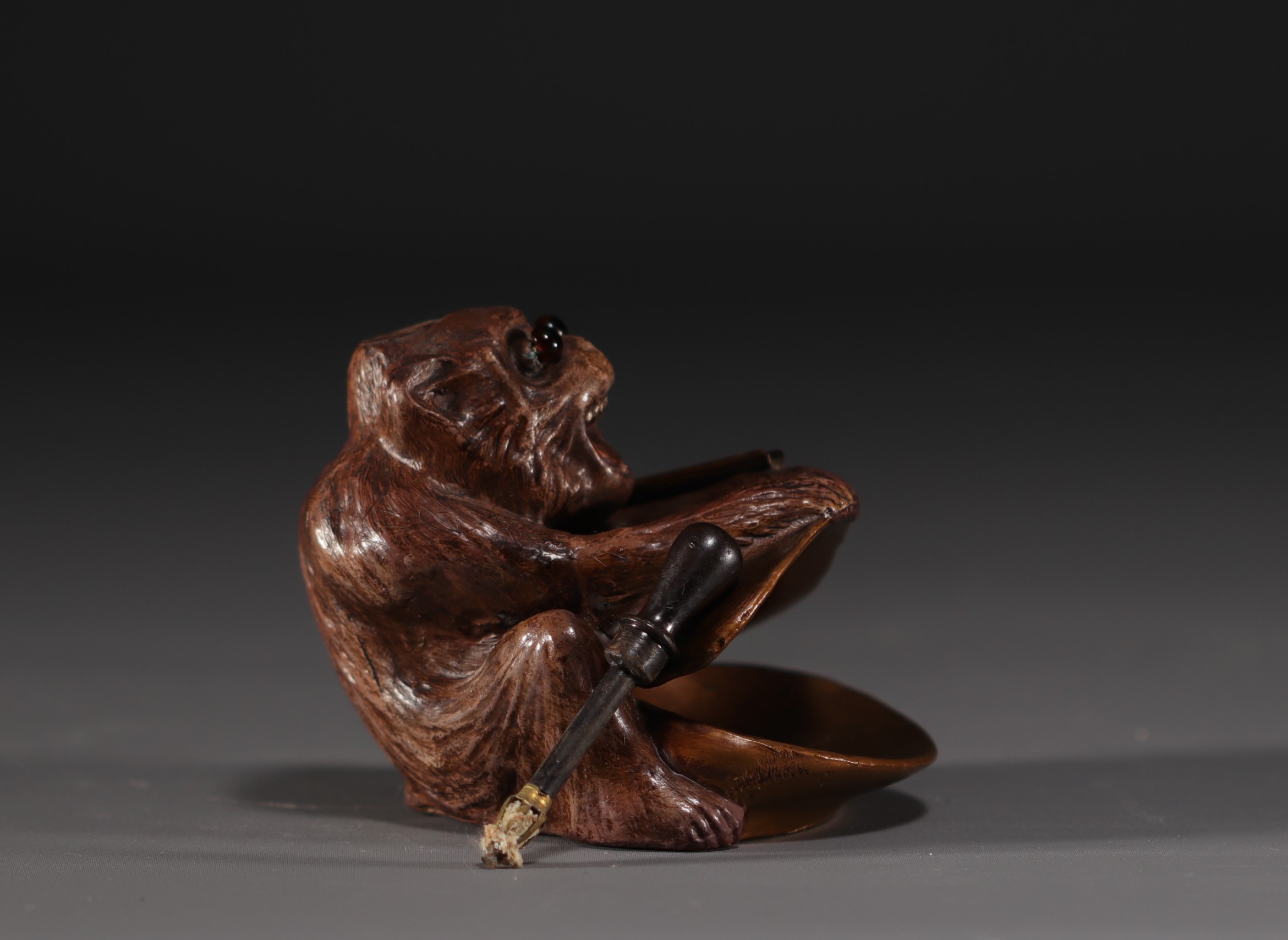 Bronze monkey with wick lighter, sulphide eyes, circa 1900. - Image 4 of 5
